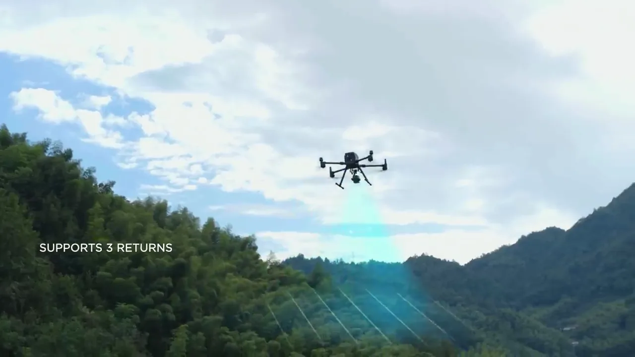 Drone emitting a green LiDAR scan beam supporting three returns per pulse