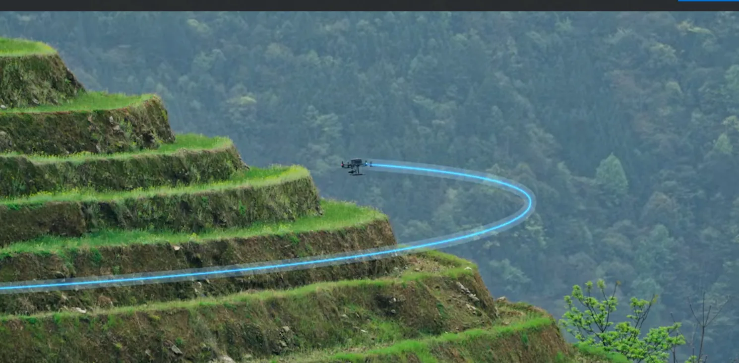 Drone tracing an automated flight path over terraced terrain during mission planning