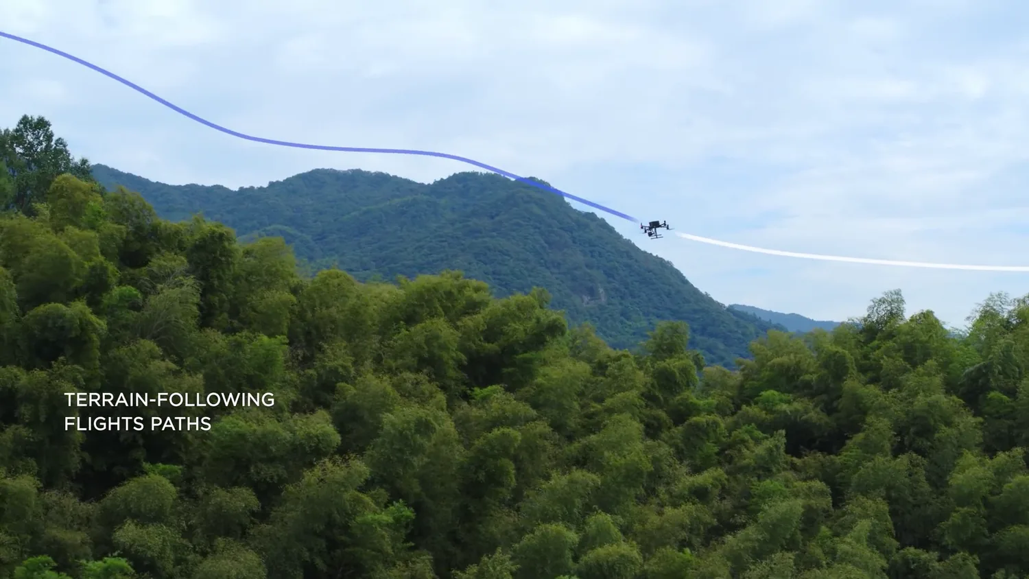 Drone following terrain along a blue terrain-following flight path
